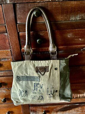 CLEA RAY UPCYCLED POSTAL AIRPORT CODE TENT CANVAS AND LEATHER SMALL TOTE